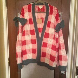 BiBi Pink and Red Checkered Cardigan with Green Accents